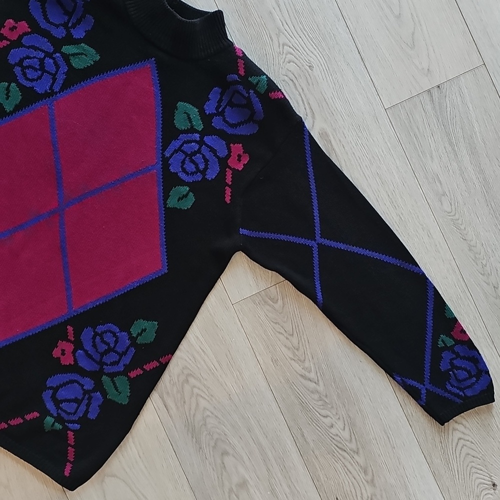 Vintage Casual Corner Floral Rose Argyle Mock Neck‎ Sweater, Med - Picture 3 of 12